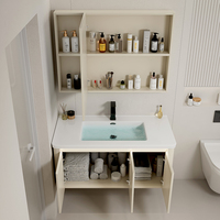 Meuble de salle de bain mural en aluminium, blanc crème mat, avec miroir rond rétroéclairé intelligent à LED et éclairage d'ambiance, ensemble vasque en céramique pour hôtel