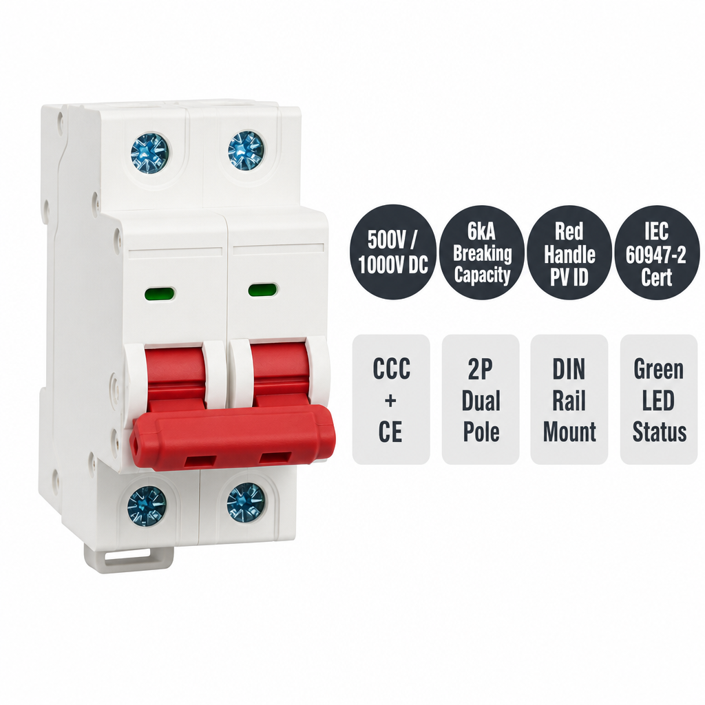 Wanbo-5012P 500V 1000V DC 6kA Red Handle Green LED CCC CE Solar PV DIN Rail DC Miniature Circuit Breaker · image 2