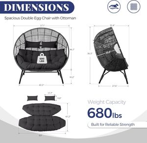 Fauteuil double BULEXYARD, design bohème, en osier résistant aux intempéries, 680 lb, 2 places, gris foncé, coussin épais, fauteuil inclinable surdimensionné - Product Image 2