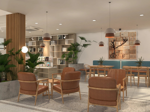 Service de design d'intérieur de librairie moderne sur mesure, aménagement élégant de papeterie avec étagères en bois éclairées - Product Image 6