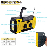 Radio de Emergencia Solar con Lámpara de Lectura, 4 Modos de Energía y Puerto Tipo-C de 5000mAh, Plástico ABS para Kit de Supervivencia y Camping