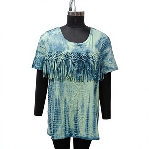 Camiseta Bohemia Tie Dye para Mujer con Decoración de Borlas, Cuello Redondo, Manga Corta, Corte Holgado, Top de Algodón Tejido para Primavera/Verano - Product Image 1