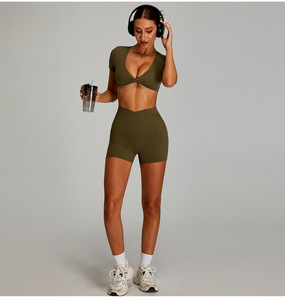 Women Twist Front Deep V <b>Crop</b> Yoga <b>Top</b> Hollow Back Short Sleeve Built In Padded Bra Workout Tee Slim Fit Pilates Athletic Shirt - Product Image 3