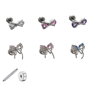 Boucles d'oreilles en acier inoxydable avec nœud papillon et tige à double filetage |   Piercing de barre interchangeable pour femmes et filles - Product Image 1