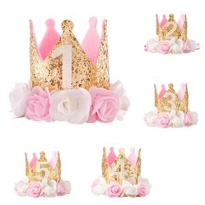 Corona Artigianale Dorata Rosa Glitterata per Feste di Compleanno, Cappello con Paillettes in Feltro per Bambini da 1 a 5 Anni, Uso Interno/Esterno, Prodotto in Cina - Product Image 1
