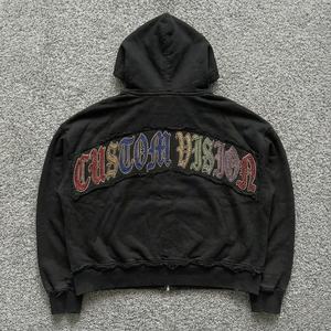 هودي رجالي مخصص بوزن 420 جرام من قطن فيري المغسول بتصميم عتيق مع رسومات من الراينستون وسحاب وقصة فضفاضة وقصيرة للملابس الشبابية TKAN573 - Product Image 2