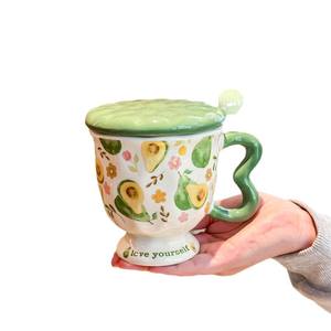 Avocado Ceramic <b>Mug</b> With Lid And Handle Hand Painted <b>Cute</b> Fruit Design For Girls Office Coffee Cup Birthday Gift - Product Image 5