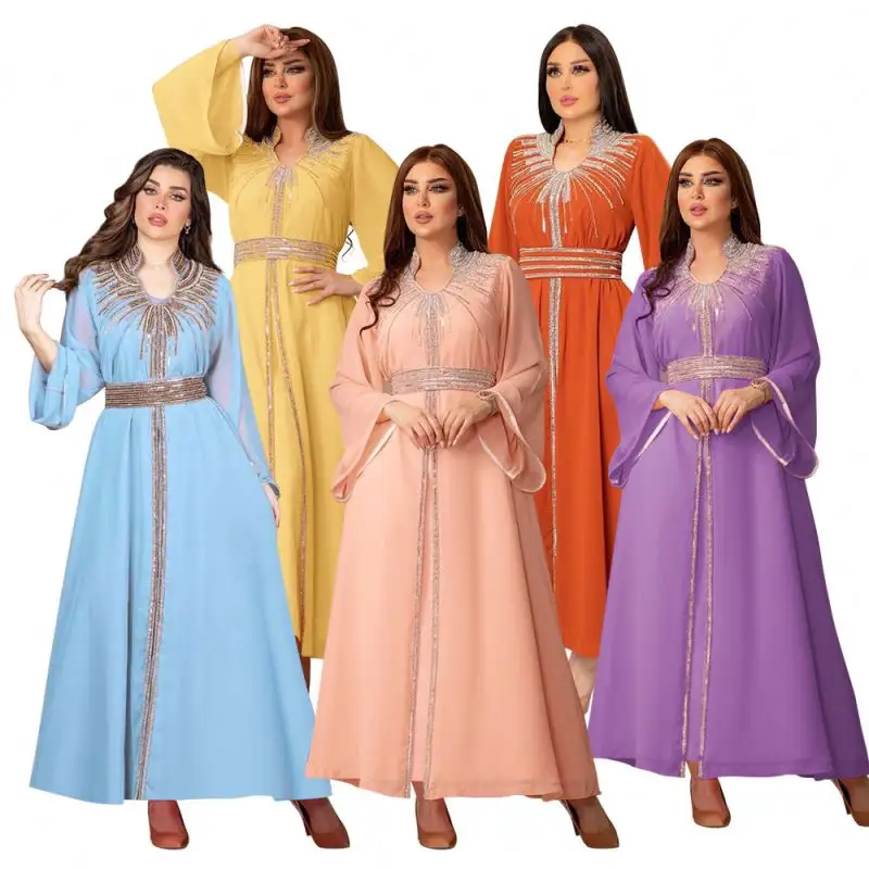 XQY500090 नई डिजाइन फैशन अरब रोब मुस्लिम महिला पोशाक मध्य पूर्व स्फटिक काफ्तान पोशाक महिला शिफॉन पोशाक बेल्ट के साथ