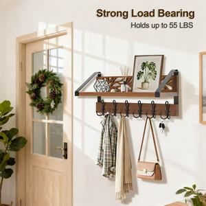Estante de almacenamiento de madera para montar en la pared con ganchos para baño, sala de estar, dormitorio, perchero, organizador multiusos - Product Image 3