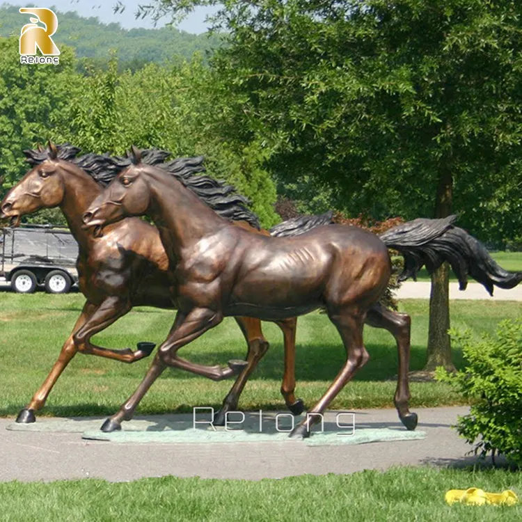 Escultura de metal antiguo de tamaño real para decoración del hogar, estatua de doble caballo árabe de bronce, bronce