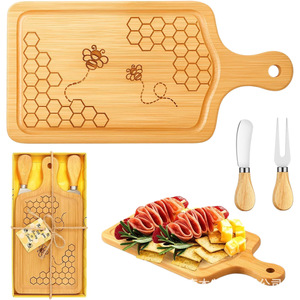 Solid Wood Honeycomb <b>Cheese</b> Board With <b>Knife</b> And Fork <b>Set</b> For Kitchen Serving And Plating Tray - Product Image 5