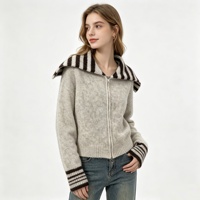 Cardigan en laine mélangée pour femme, col marin, rayé, zippé, court, tricoté, haute qualité, vente en gros