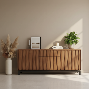 Buffet en bois brun foncé à 2 portes et 3 tiroirs pour le salon - Product Image 1