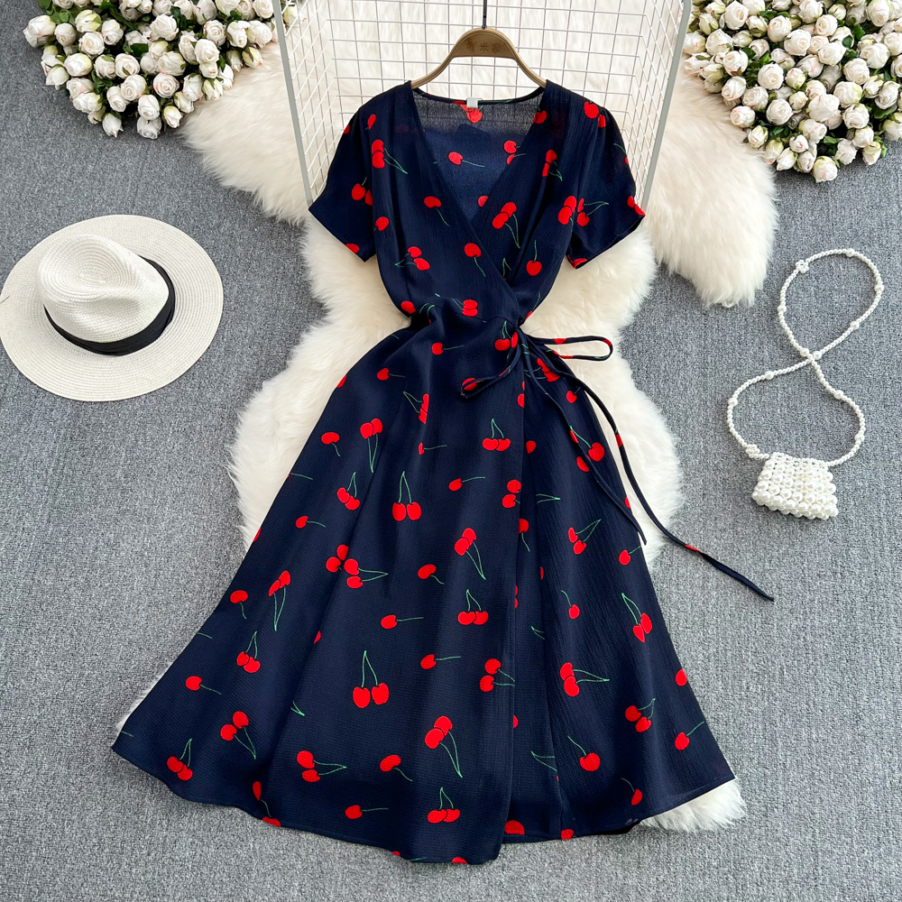 S-XL Cherry Print V-Neck Dress Short Sleeve Summer New French Waist A Large Swing Long Dress