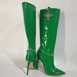 Green Patent Stiletto Style High Slim Heels <b>Shoes</b> Women Pointed Toe Bling Rhinestone Long Diamonds Flower Knee High Boots - Product Image 6
