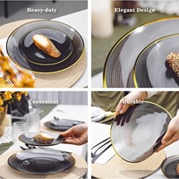 Assiettes jetables en plastique noir de qualité supérieure, design Spiralique élégant, couleur anthracite teinté, avec bord doré
