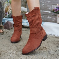Bottes Western pour femmes à talon bas, mi-mollet, avec sangle décorative, bouton, bout rond, décontractées