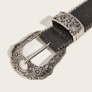 <span class=keywords><strong>Ceinture</strong></span> décorative vintage de style américain pour <span class=keywords><strong>femme</strong></span> avec boucle en alliage, longueur 105 cm, largeur épaisse, design distinctif de sous-culture, noir - Product Image 3