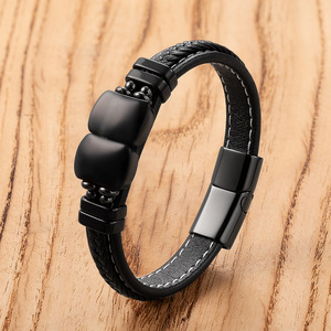 Pulsera de Cuero con Piedras Naturales <span class=keywords><strong>para</strong></span> <span class=keywords><strong>Hombre</strong></span>, Hecha a Mano, con Cordón Trenzado y Cierre de Acero Inoxidable, Brazalete Clásico - Product Image 4
