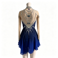 Robe de patinage artistique bleu marine à col montant et dos ouvert, ornée de strass et de mailles, pour concours de danse sur glace