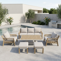 Ensemble de salon de jardin 6 pièces en aluminium effet bois moderne, 7 places, avec table basse réglable en hauteur et ottoman