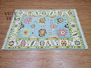 Tapis Oushak bleu noué à la main, tapis en laine fait main pour la chambre à coucher, le salon, la salle à manger, tapis Oushak pastel fait main, tapis turc - Product Image 2