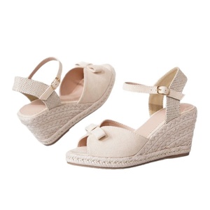 Sandales compensées à bout ouvert en paille avec nœud, respirantes, à bride arrière à boucle, pour femme, été - Product Image 5