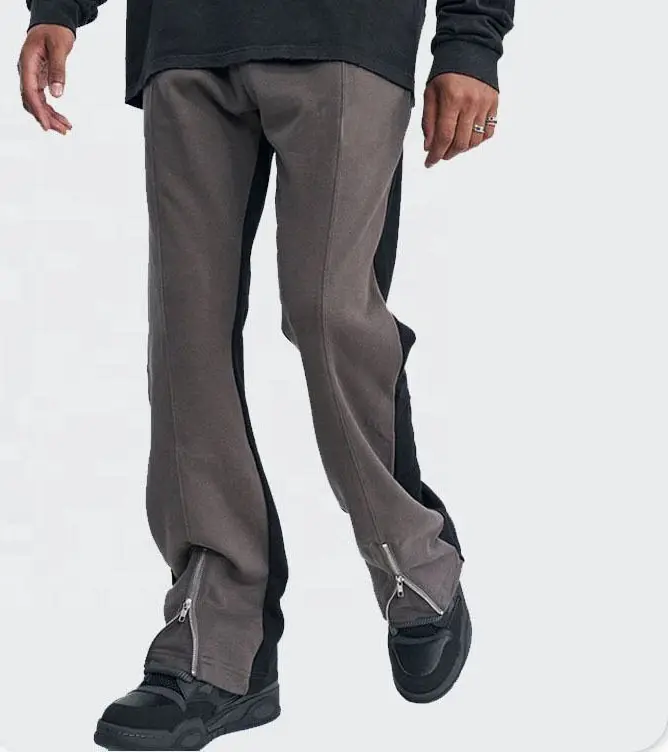 Mens black gray patchwork flare sweatpants OEM custom logo stacked jogger pants with zipper casual wide leg pants man