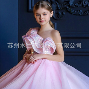 S0257RChildren's Flower One-shoulder Mid-length Fashionable Flower Girl Bridesmaid Little Host Princess Exquisite Dress <b>pink</b> - Product Image 5