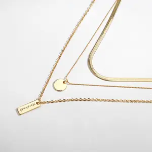 3 Layered choker Necklace round and rectangle Charm Pendant gold snake and illusion chain jewelry for women and girls