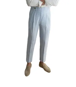 2023 वसंत seersucker उच्च कमर सीधी पैंट ब्रिटिश छोटे बुर्जुआ नीले रंग की पट्टी इतालवी आकस्मिक पतलून पुरुषों
