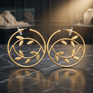 Boucles d'oreilles créoles tendance en laiton plaqué or faites à la main pour femme, motif végétal, idéales pour les soirées - Product Image 1
