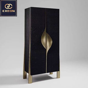 Meuble de bar à vin en bois massif et acier inoxydable, design contemporain personnalisé pour salon de villa de luxe, armoire de rangement Xc - Product Image 1
