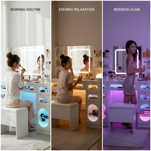 Table de toilette moderne blanche avec miroir éclairé <span class=keywords><strong>et</strong></span> prises, 3 couleurs avec luminosité réglable, tables de toilette avec tiroirs - Product Image 4