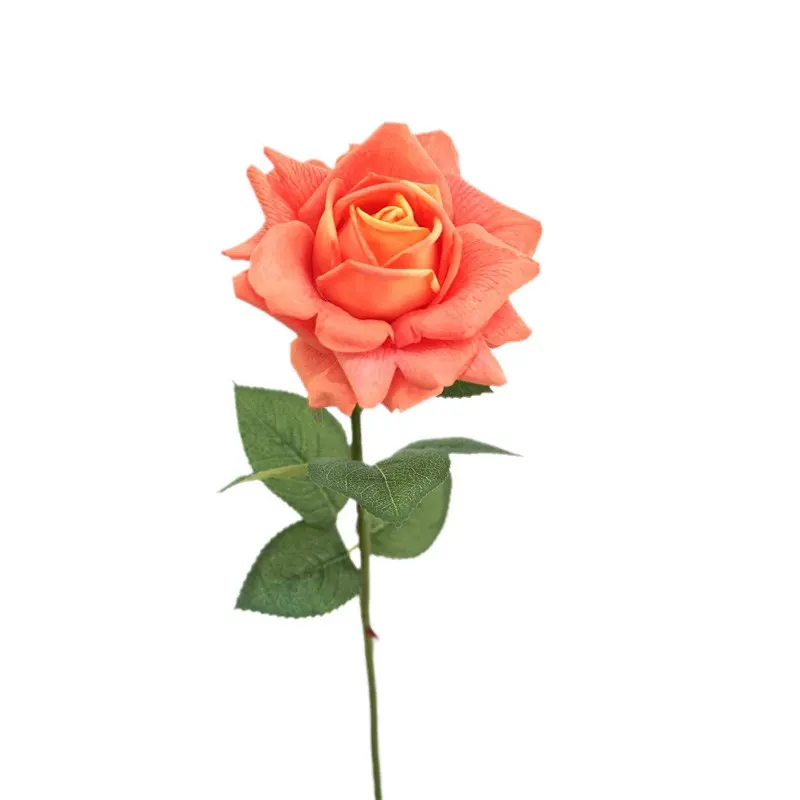13 सेमी गर्म बिक्री शीर्ष गुणवत्ता वास्तविक स्पर्श कोरल नारंगी गुलाब कृत्रिम एकल स्टेम घरेलू रात्रिभोज तालिका सजावट के लिए गुलाब कृत्रिम एकल स्टेम गुलाब
