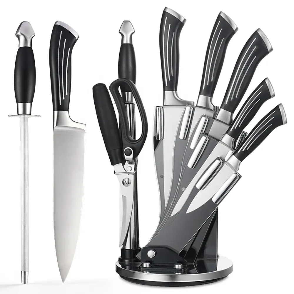 Juego profesional de cuchillos de Chef de cocina, de acero inoxidable, negro, con bloque acrílico, mi marca, 8 piezas, venta al por mayor