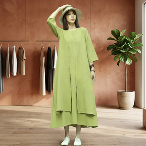 Robe midi vintage 100 % coton pour femme, manches cloche, col en V, taille haute, coupe trapèze, respirante, avec nœud, coupe ample, toutes saisons, grandes tailles - Product Image 2