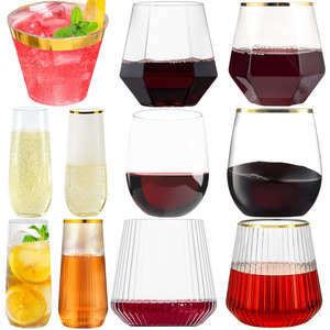 Verres à vin sans pied <span class=keywords><strong>en</strong></span> <span class=keywords><strong>plastique</strong></span> transparent de 9oz jetables avec bord doré pour le grillage du mimosa des flûtes à <span class=keywords><strong>champagne</strong></span> - Product Image 1