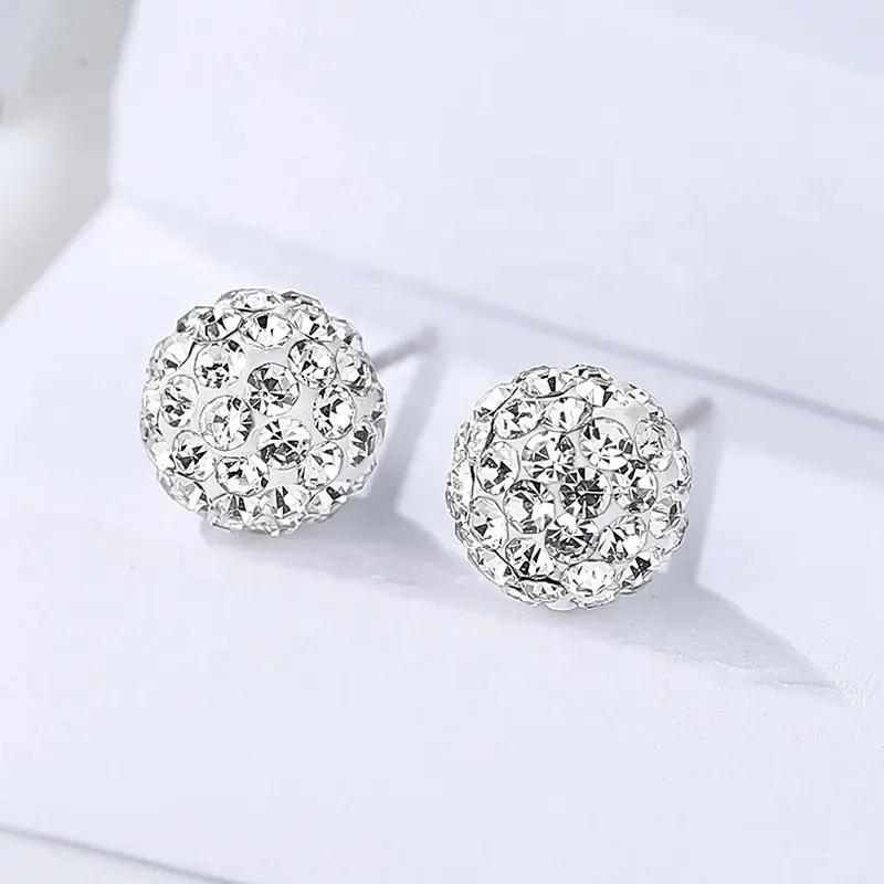 Cổ Điển Bán Buôn 925 Sterling Silver Bạc Đồ Trang Sức Thời Trang Bóng Hình Dạng 4 Đa Kích Cỡ Rhinestone Stud Bông Tai Cho Phụ Nữ