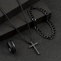 Ensemble de bijoux hip-hop en alliage métallique avec collier, bracelet et bague à chaîne à maillons croisés noirs, 3 pièces, vente en gros