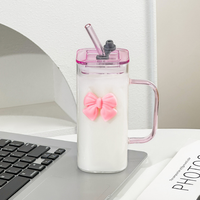 Offre Spéciale – Tasse carrée en verre borosilicate pour boissons chaudes et froides avec couvercle, paille en verre et décoration nœud papillon