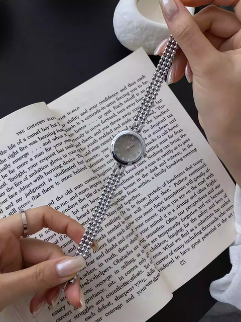 2026 Silver Exquisite Retro Ladies' Watch with Beaded Strap 24mm Dial  Fashion Quartz Watch for Women