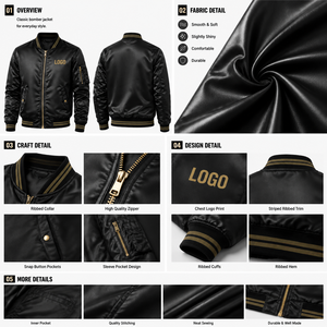 Blouson bomber en satin personnalisé pour homme, 100% polyester, noir brillant, fermeture éclair, style MA1, poignets côtelés, poche sur la manche, logo, streetwear. - Product Image 3