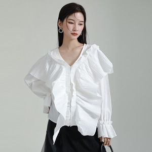 2023 Spring Fashion Women's Blouses &amp; <strong>Shirts</strong> Cute <strong>Frilly</strong> Ruffled V-neck Loose Bell Sleeves Long-sleeved Blouse - Product Image 6