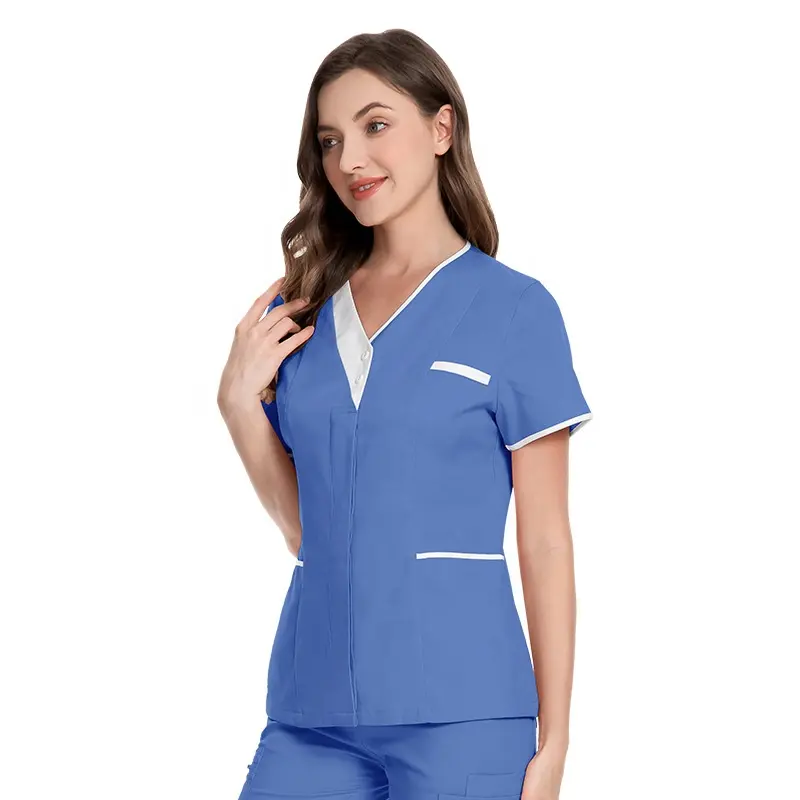 Uniformes de travail de salon de beauté à bas prix chemisier bleu noir à manches courtes pour femmes uniforme d'infirmière à col en V chemise d'infirmière