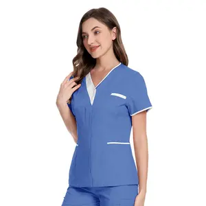 廉价批发美容院工作服短袖女蓝色黑色上衣v领护士制服女护士衬衫