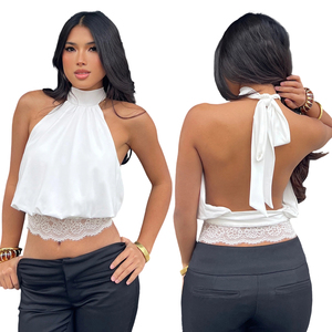 Women's Halter Tank Top Lace Splicing Solid Color <b>Tie</b> Knot Casual Basic Knitted Short - Product Image 1