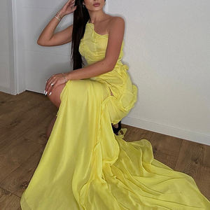 Solid Elegant Fashionable Dress Ruffled Off-the-shoulder <strong>Skirts</strong> Split-shoulder Sleeveless One-piece <strong>Yellow</strong> Long Dress for Women - Product Image 2