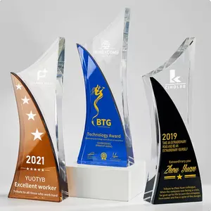 Wholesales k9 crystal glass trophy award blue and transparent crystal custom engraved crystal glass trophy