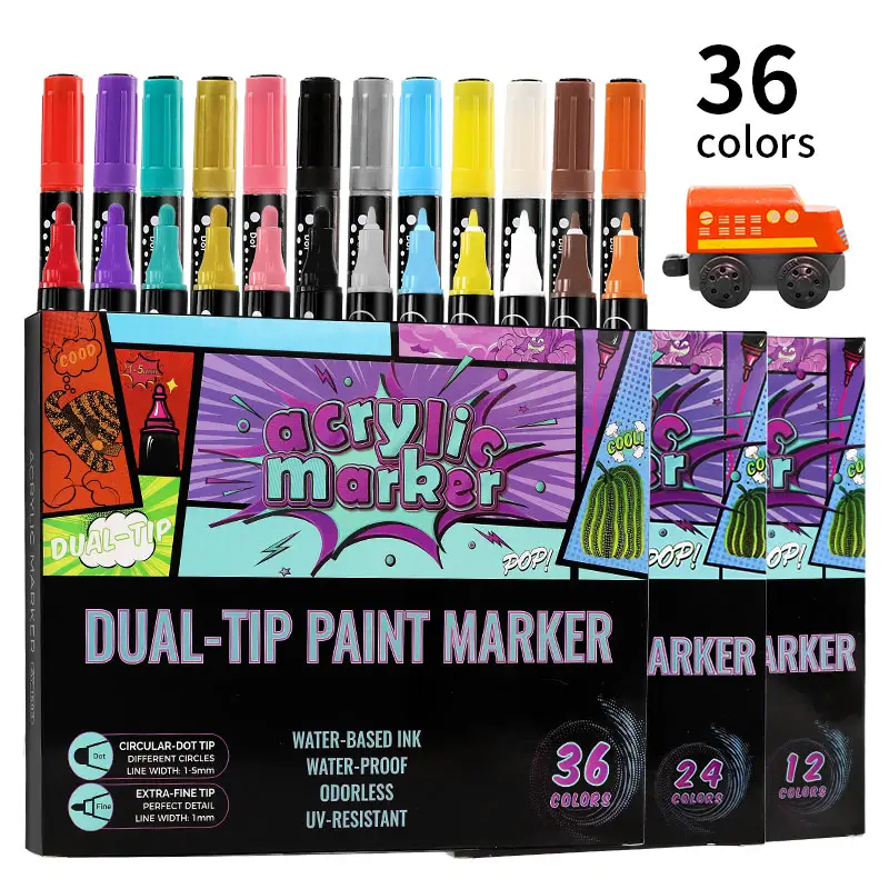 Kindvriendelijke 36 Kleuren Dual Tip Art Markers Set Katoenen Kern Waterdichte Permanente Acrylverf Markers Voor Het Schilderen Van Graffiti